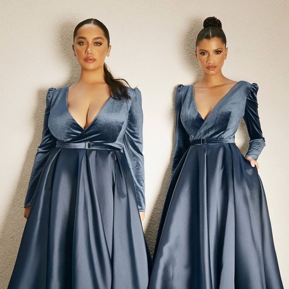 NEW FLOOR LENGTH A-LINE VELVET DRESS WITH V-NECKLINE AND LONG SLEEVES CD226C